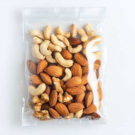 Mixed nuts in plastic bag on white background. Top view.の素材