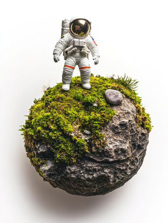 Astronaut standing on a rock covered with moss and moss.の素材