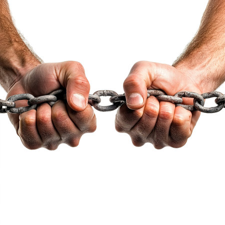Close-up of two hands with chain on a white background.の素材