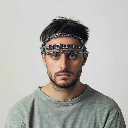 Portrait of young man with chain on his head. Isolated on white background.の素材