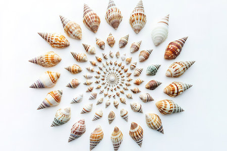 Seashells on a white background in the form of a circleの素材