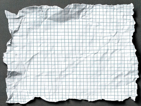 Features a textured, crumpled sheet of notebook paper with fine blue grid lines, set against a textured gray fabric. It captures the raw and imperfect quality of everyday materials.の素材