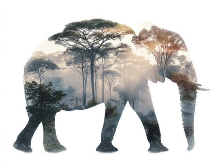 An elephant silhouette filled with a dense forest landscape showing a double exposure effect against a white background adding depth and nature.の素材
