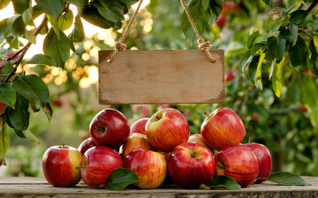 Rustic display with a heap of vibrant red apples under a wooden sign, suspended by ropes, with a backdrop of sun-dappled tree branches, evoking a harvest feel.の素材