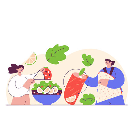 People cooking healthy food in the kitchen. Vector illustration in flat styleのイラスト素材