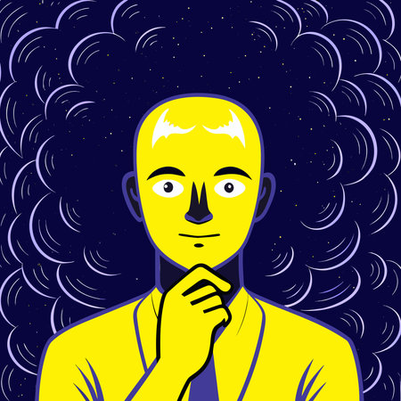 Vector illustration of a man with yellow hair and blue eyes on a dark background.