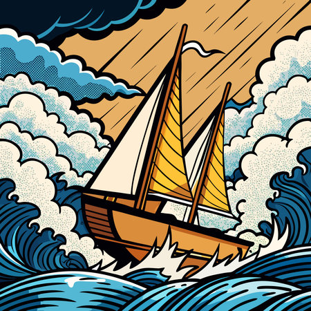 Sailing yacht on the waves. Vector illustration in retro style.のイラスト素材