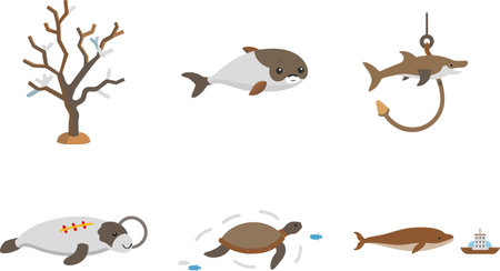 Set of sea animals on a white background. Vector illustration in flat style.のイラスト素材