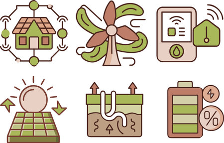 Ecology icons set with solar panel, windmill, solar battery, windmill, solar energy, solar cell, windmill, wind turbine, solar cell, renewable energy sources.のイラスト素材