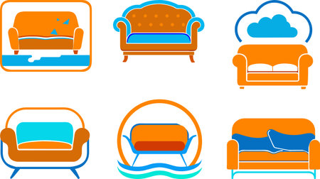 Set of sofa and armchair icons in blue and orange colors.のイラスト素材