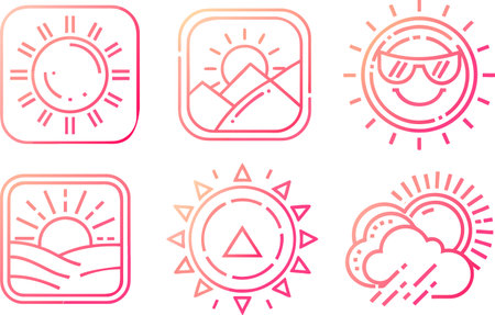 Set of sun icons. Vector illustration in pink and orange colors.のイラスト素材