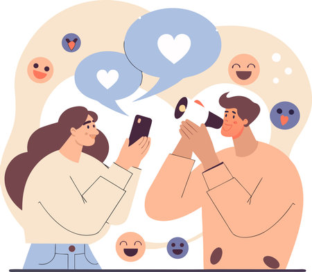 Vector illustration of a man and woman talking on the phone. The concept of social networks.のイラスト素材