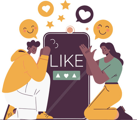 Like, social media. Couple sitting on the floor and using a smartphone. Vector illustrationのイラスト素材