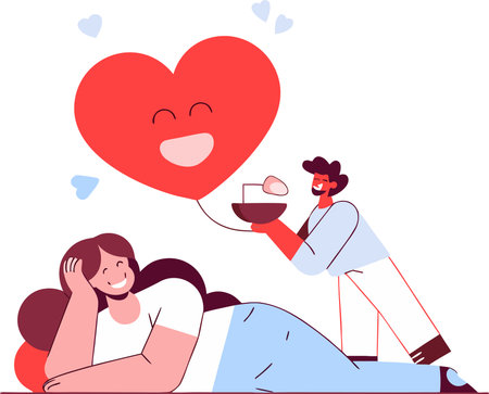 Man and woman in love with a big red heart. Vector illustration in flat styleのイラスト素材