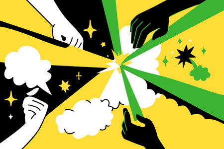 illustration of people with speech bubbles in yellow, green and black