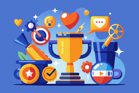 Trophy and awards. Flat design style vector illustration on blue background.