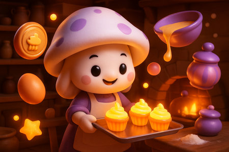 Cute little girl holding a tray of cupcakes in front of the ovenの素材
