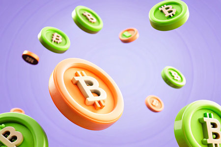 3d illustration of coin with bitcoin sign flying in the air over purple backgroundの素材