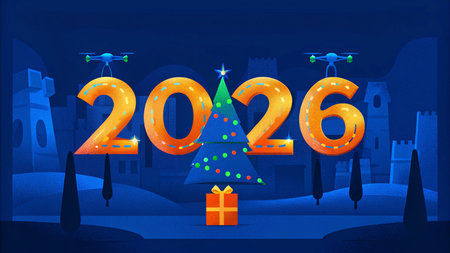Happy New Year 2016. Festive background with a Christmas tree, gift box and flying drone.の素材