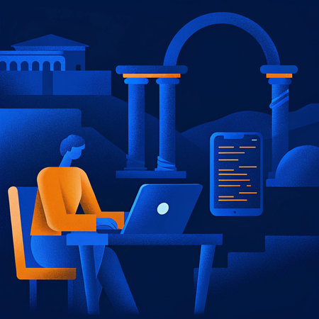 Illustration of a man working on a laptop in a public library.の素材