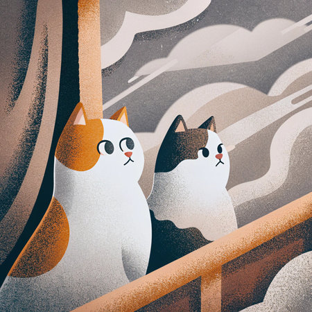 Two cats on the background of a wall with clouds.の素材