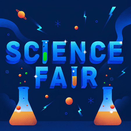 Science Fair - colorful 3d lettering on a dark blue backgroundの素材
