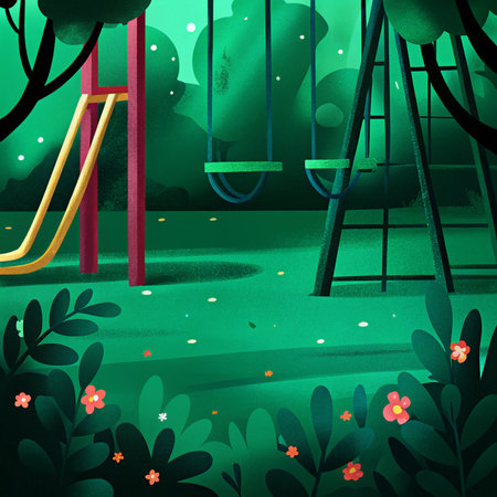 Playground background with swing, trees and flowers.の素材