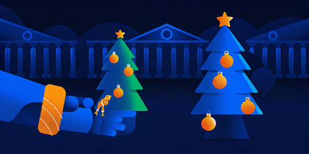Christmas and New Year greeting card. Festive background with Christmas trees.の素材