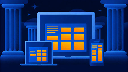 Illustration of a computer on a dark blue background with columnsの素材