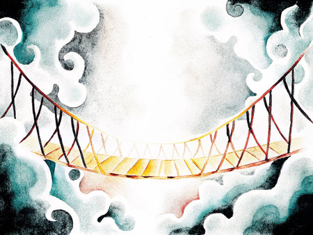 Watercolor painting of a bridge in the clouds. Hand drawn illustration.の素材