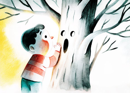 Watercolor illustration of a boy in the forest with a tree.の素材