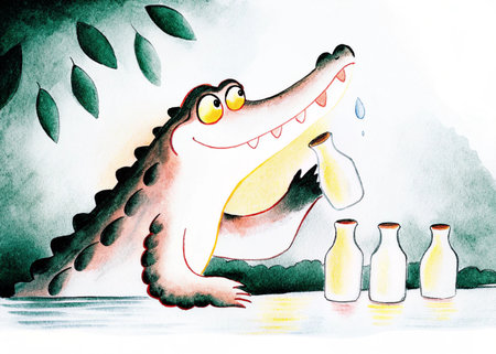 Crocodile drinking milk. Hand drawn watercolor illustration.の素材