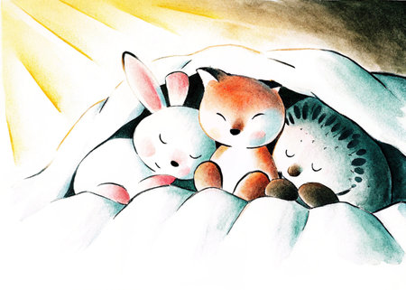 Watercolor illustration of a family of three rabbits in the bed.の素材