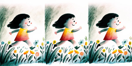 Watercolor illustration of a little girl running in the meadow.の素材