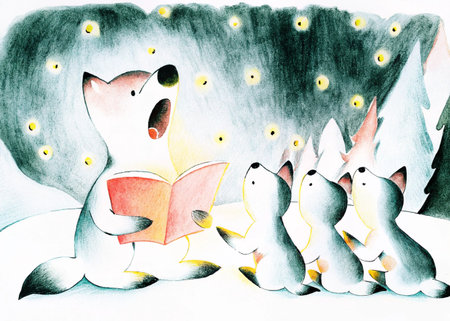 Children's illustration of a polar bear reading a book to his friendsの素材