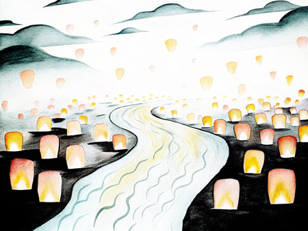 Watercolor illustration of a road with flying hot air balloons in the skyの素材