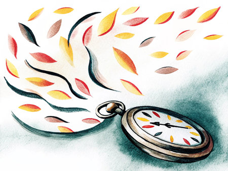 Pocket watch and autumn leaves on white background. Watercolor illustration.の素材