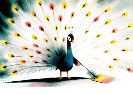 Peacock with a feather in its beak. Hand drawn illustration.の素材
