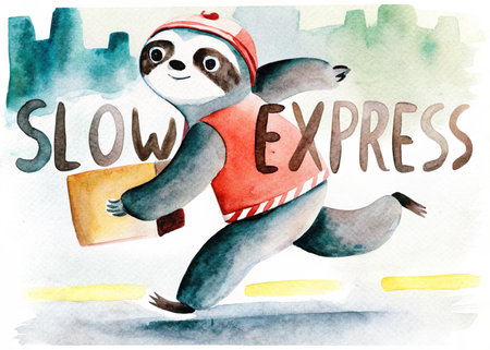 Watercolor illustration of a cute sloth in a red life jacket and cap.の素材