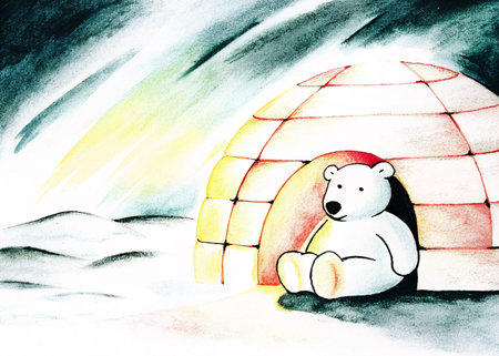 Watercolor illustration of a polar bear sitting in an igloo.の素材