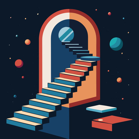 Vector illustration of an open door with a stairway to the universeのイラスト素材