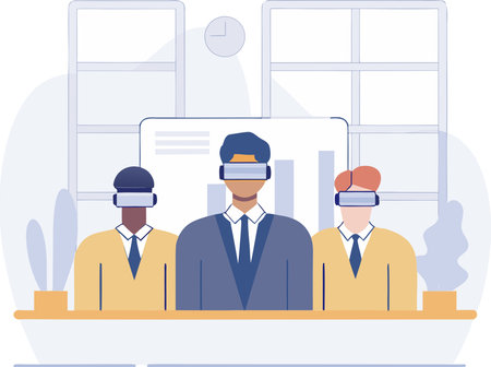 Vector illustration of business people with virtual reality headset in office. Flat style design.のイラスト素材