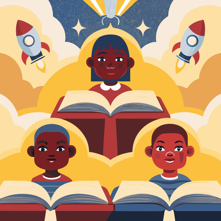 Vector illustration of happy african american kids with books and rocket on sky backgroundのイラスト素材