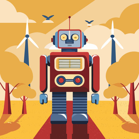 robot in the park with windmills vector illustration graphic designのイラスト素材