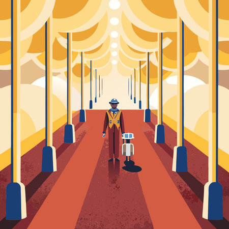 Vector illustration of a man in a hat with a suitcase in a train stationのイラスト素材