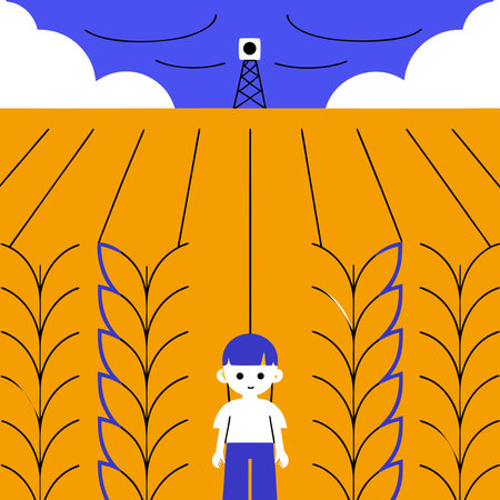 Farmer on wheat field. Vector illustration in flat design style.のイラスト素材