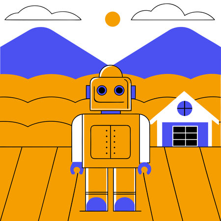 Robot on the background of the house. Vector illustration in flat styleのイラスト素材