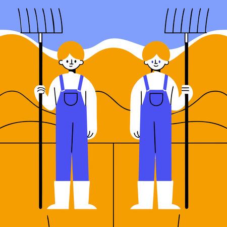 Gardeners in work clothes with a rake. Vector illustration.のイラスト素材