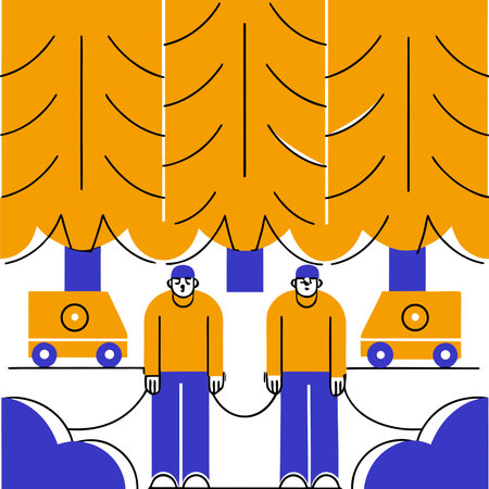 Vector illustration of a group of people in the forest on an orange background.のイラスト素材
