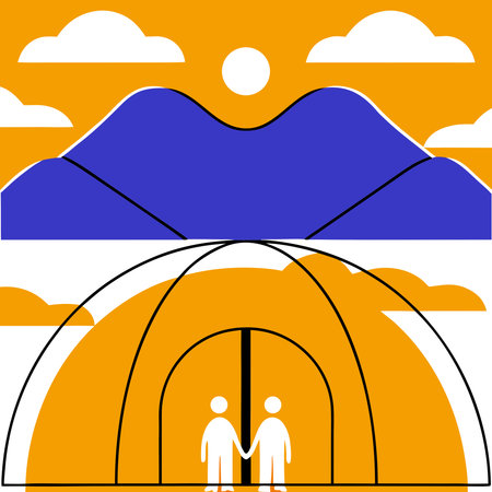 Illustration of a man and a woman standing in a tent at sunsetのイラスト素材